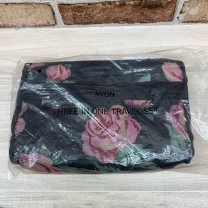 Avon Three‎ In One Travel Set Black Floral Rose Cosmetic Bag Pouch New
